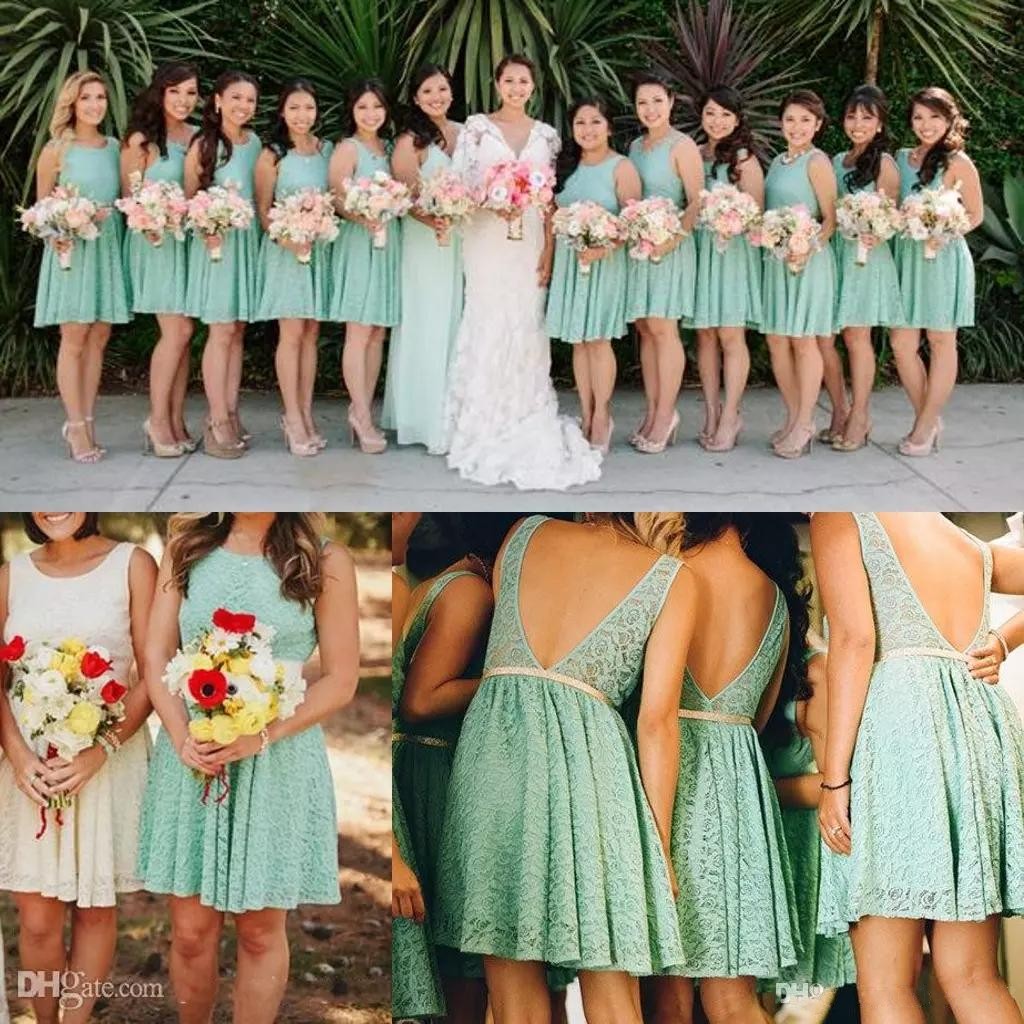 

Lovely Lace Turquoise Bridesmaid Dresses with Champagne Sash Jewel Neck Low Cut Back A Line Knee Length Short Beach Wedding Dresses