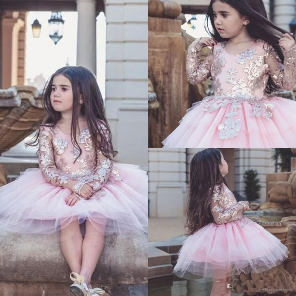 

2018 Cheap Pink Tulle Knee Length Girls Pageant Dresses Long Sleeves Kids Birthday Party Gowns Flower Girls Dress, Burgundy