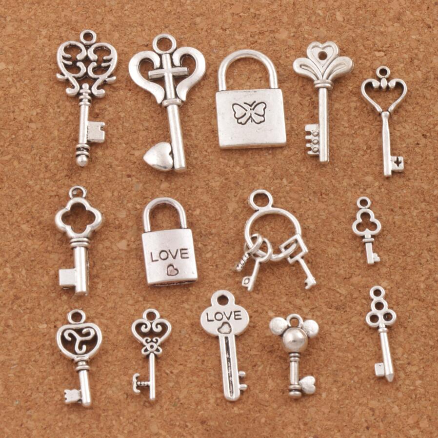 

140pcs/lot mix Love Key Locket Charm Beads Antique Silver Pendant Jewelry DIY LM47 Hot 14styles
