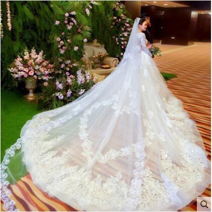 

Luxurious Cathedral Length 3M Wedding Veils 2 Layers Exquisite Lace Applique White Ivory Bridal Veil Custom Made