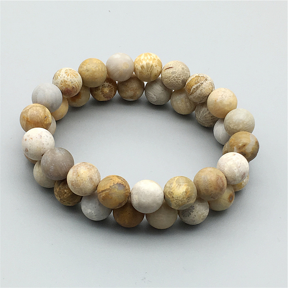 

8mm 10mm Matte Fossil Coral Beads Bracelet,Elastic Bracelet , Gemstone Beads Bracelet,Gifts