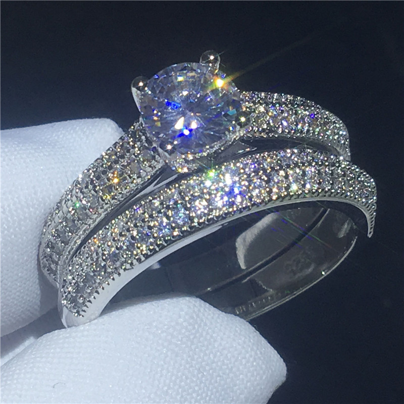 

Handmade Genuine 925 Sterling silver ring Pave setting 5A Cz Stone Engagement wedding band ring for women Bridal sets Jewelry
