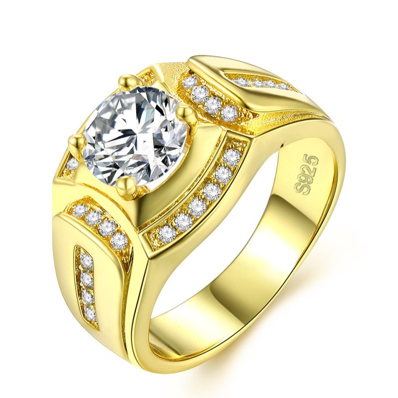 Massive Mens Ring Round Cut Zirconia 18k Yellow Gold Filled Prong Settings Fashion Ring Size 8,9,10-image-427974514