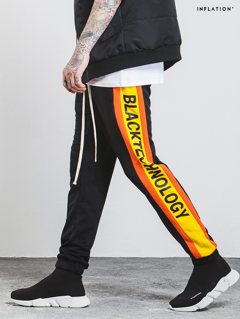

Mens Sports Jogger Pants Casual Loose Colors Striped Contract BLACKTECHNOLOGY Letters Printed Long Pants, Yellow black