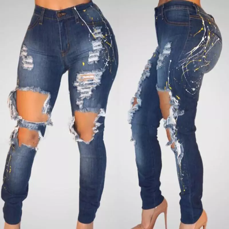 

Women Plus Size Pencil Casual Denim Skinny Jeans Pants High Waist Slim Distressed Knee Hole Ripped Jeans Trousers, As pic