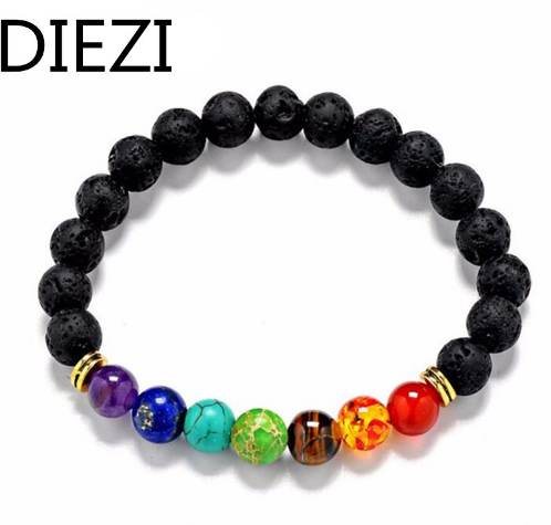 

DIEZI New Design Mens Bracelets Black Lava 7 Chakra Healing Balance Beads Bracelet For Men Women Rhinestone Reiki Prayer Stones