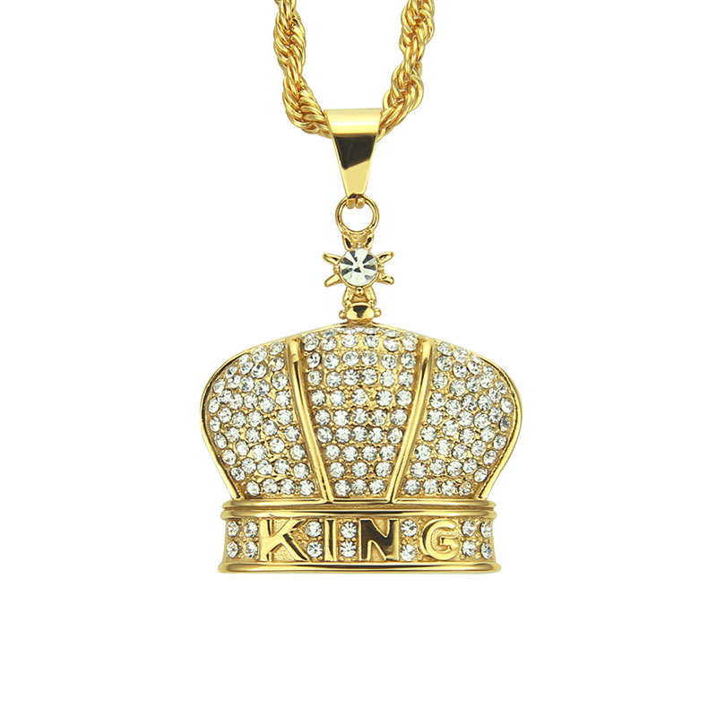 

Hot selling Luxurious Men's Hip Hop Gold Plated Crystal Pendant Men Necklace King Crown Iced Out Fashion Jewelry