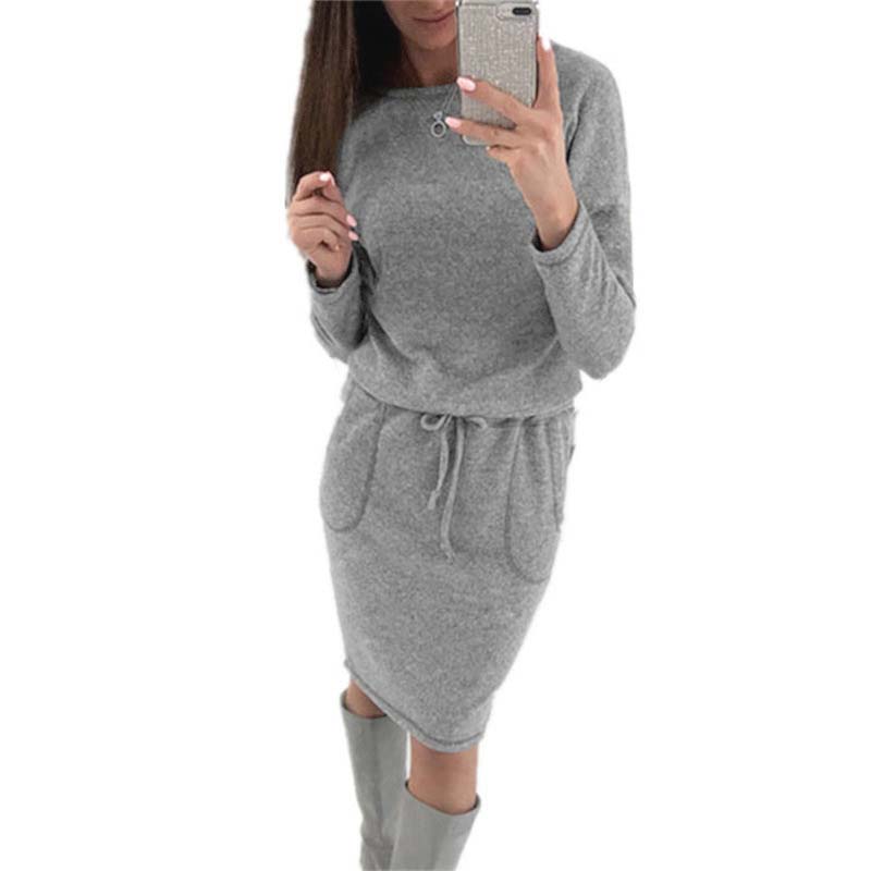 2018 Autumn Winter Knitted Dress Women With Sashes Sexy Long Sleeve Knee Length Warm Dress High Waist Sweater Dresses Vestidos