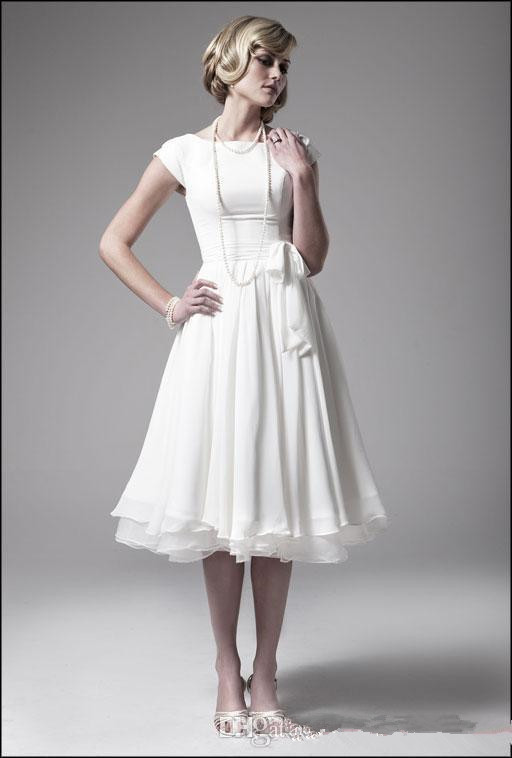 Chiffon Short Beach Wedding Dresses 2019 New Summer Style Matched Sash Cap Sleeve A-Line Tea Length Bridal Gowns Vestido De Noiva W879