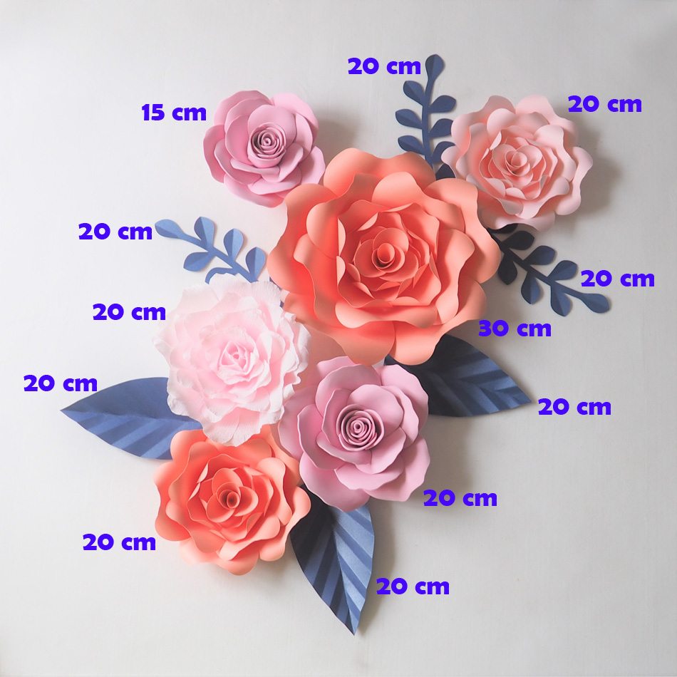 

Giant Paper Flowers Backdrop Artificial Handmade Crepe Paper Rose 6PCS+Leaves 6PCS For Wedding & Party Deco Home Decoration, As picture