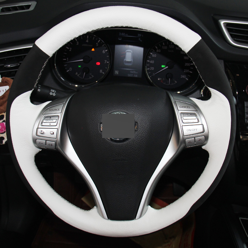White Genuine Leather Black Suede Steering Wheel Cover for Nissan Teana Altima 2013-2016 X-Trail QASHQAI Rogue 2014-2016 Sentra-image-429863901