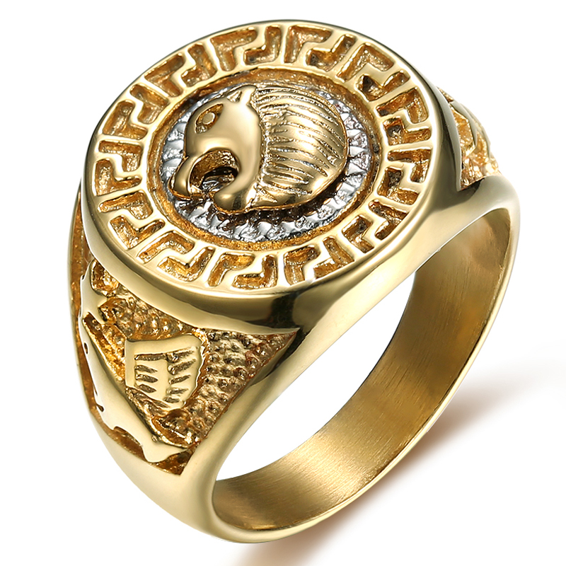 Gold Color 316L Stainless Steel Lion Head Peace Sign Punk Rock Ring for Men Rings Fashion Party Jewelry Size 7-15