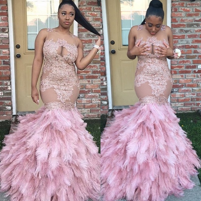 

Luxury Feather Tiered Prom Dresses Jewel Neck Lace Appliques See Through Mermaid Party Dress South African 2K18 Prom Dress Formal Wear, Silver