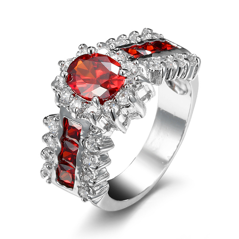 

Fashion Prong Setting Red Garnet Cubic Zirconia Rings Size 6/7/8/9/10 White Gold Plated Women Man's Engagement Gift