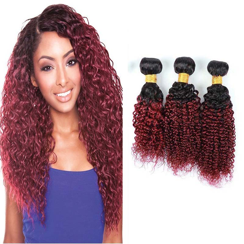 

Brzailian Ombre Hair Extension Two Tone 1B/99 Kinky Curly Burgundy Human Hair Weave 3 Bundles Wholesale Colored Brazilian Red Hair, Ombre color