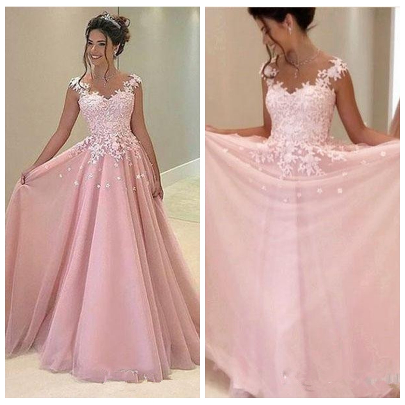

Cheap Baby Pink 2018 Prom Dresses Appliques Lace A Line Tulle Long Dresses Party Evening Formal Cocktail Party Dress, Light purple