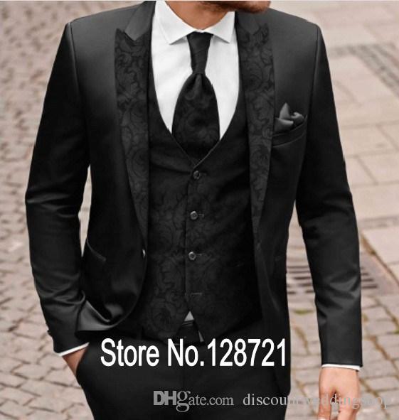 

Popular Design Groom Tuxedos One Button Black Peak Lapel Groomsmen Best Man Suit Wedding Mens Suits (Jacket+Pants+Vest+Tie) J411, Same as image