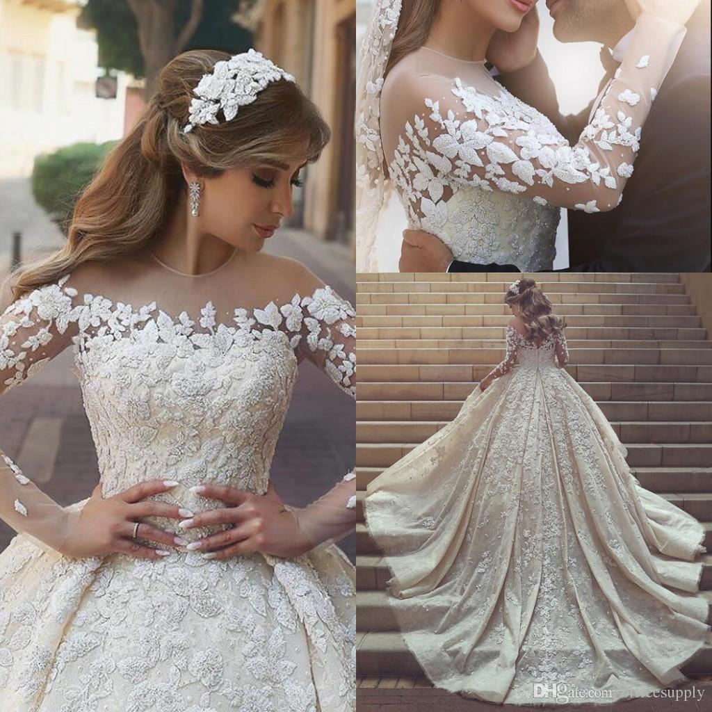 

2023 Sheer Neck Lace Wedding Gown Long Sleeves Crystals Ruffles Appliques Tulle Plus Size Wedding Dresses, Champagne