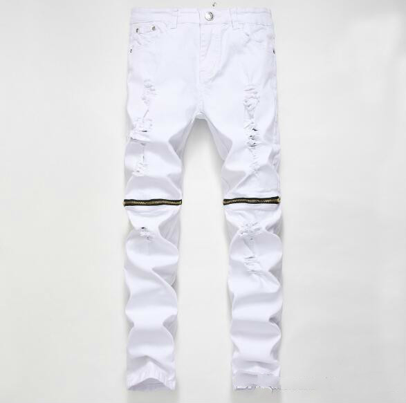 

High Quality Brand Clothing Designer Pants Destroyed Mens Slim Denim Shorts Straight Biker Skinny Jeans Men Hip Hop Ripped Jeans 28-38, White