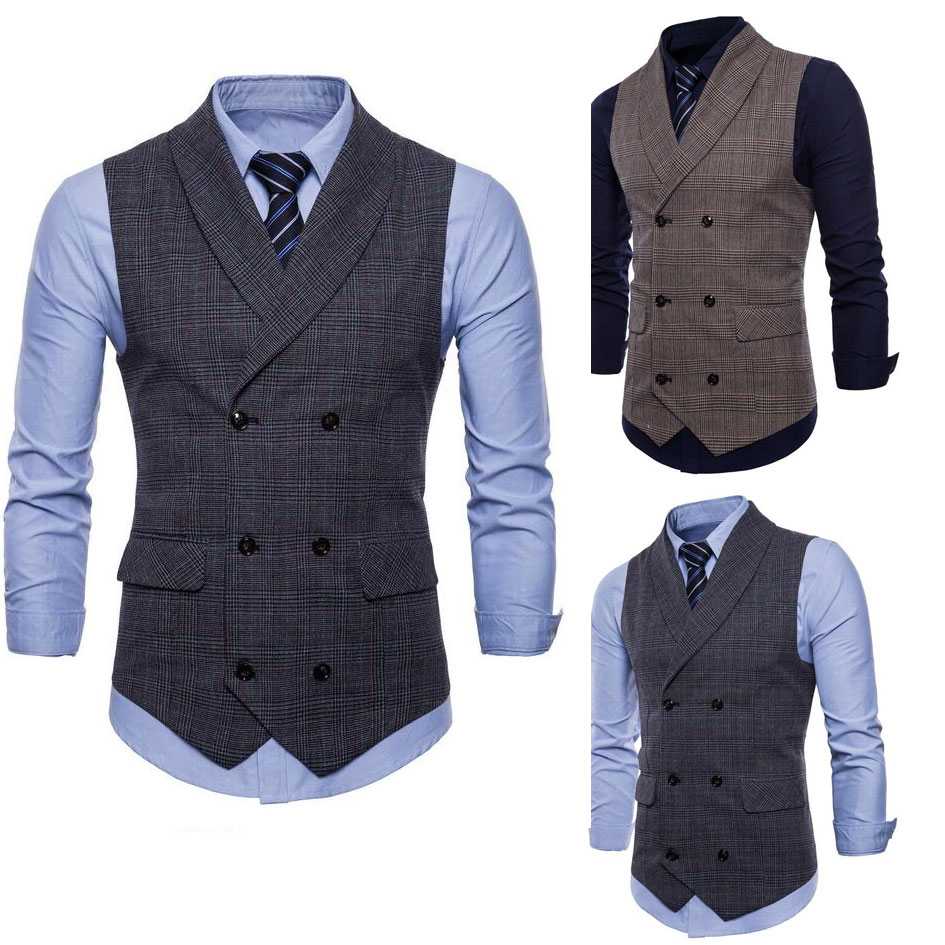 

Hot Sell Groom British Vests Single Breasted Double Breasted Mens Plaid Vests Slim Casual Wedding Party Bridesgroom Vest, Brown