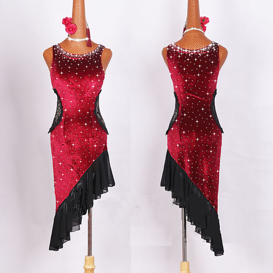 

Good Quality Latin Dancing Dresses For Ladies Burgundy Color Standard Suits Women Ballroom Competitive Feminine Costumes E007, Red dress