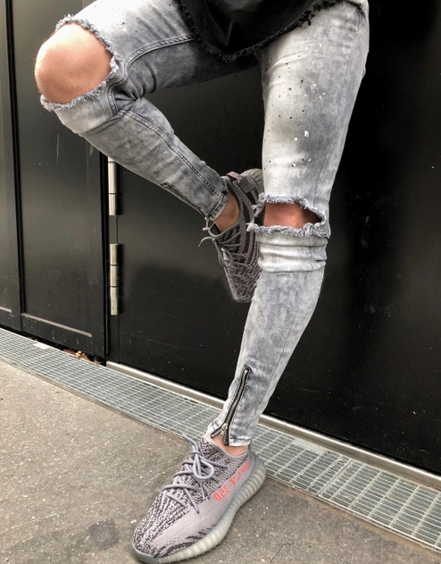 

Knee Holes Design Jeans for Men Summer Spring Pants Clothing Grey Slim Hiphop Skateboard Ripped Biker Pencil Pants