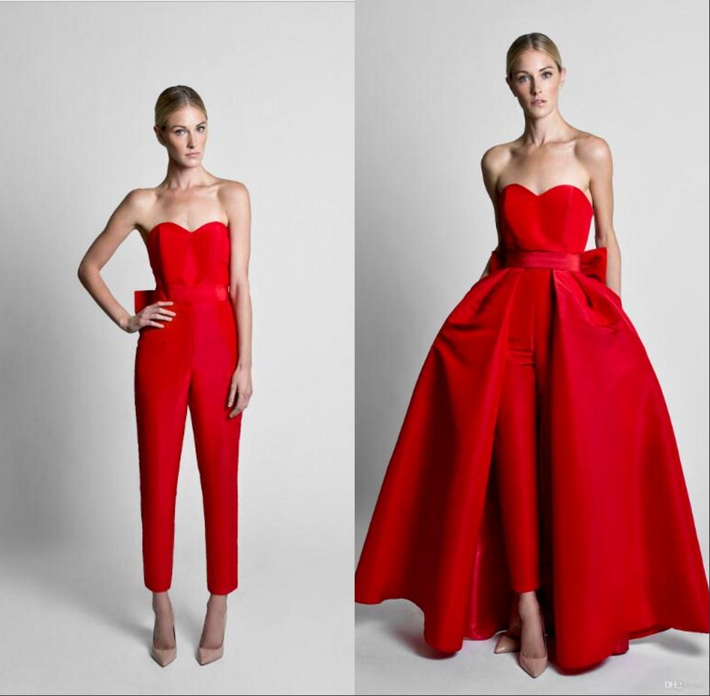 

2018 Mother of the Bride Groom Suits Red Jumpsuits Celebrity Evening Dresses With Detachable Skirt Strapless Guest Party Gowns