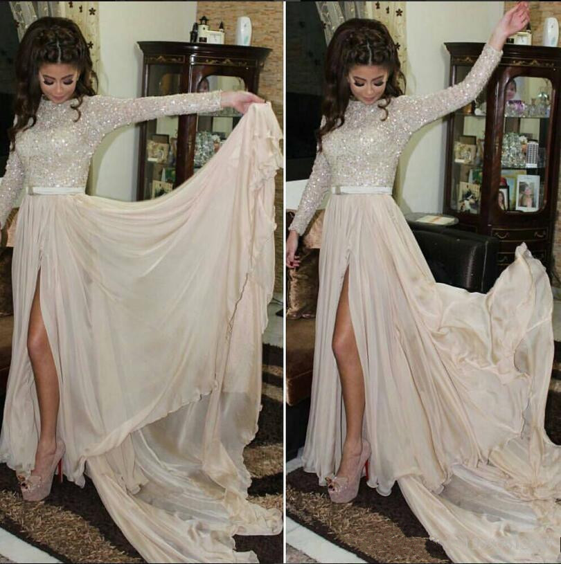 

Sparkly High Split 2020 New Arabic Evening Dresses Crew Long Sleeves Sequined A-line Chiffon Prom Dresses Sexy Formal Party Gowns, Brown