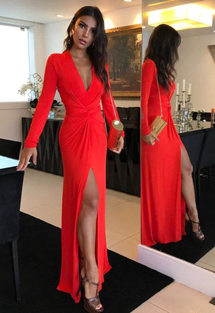 

2018 Amazing Red Long Sleeve Prom Dresses Evening Wear Party Formal Gowns Deep V neck Chiffon Slits Pleated Floor length Zipper Back, Hunter
