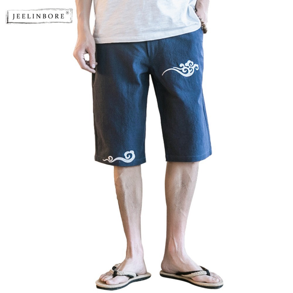 

JEELINBORE Summer New Fashion Chinese Style Man's Casual Cotton Printing Elastic Waist Shorts Hip- Streetwear Male Clothes, Blue