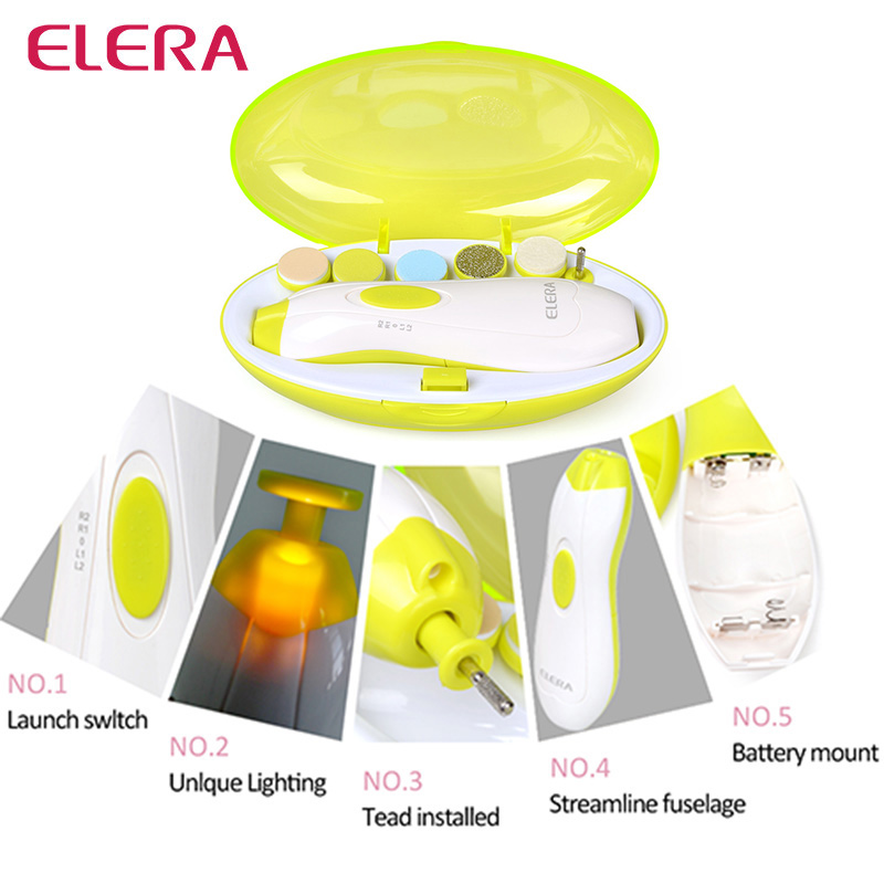 

Wholesale- ELERA 6 in 1 Baby Adult Electric Nail File Newborn Baby Nail Trimmer Infant Nail Clipper Quiet Safe Grinding with LED Light