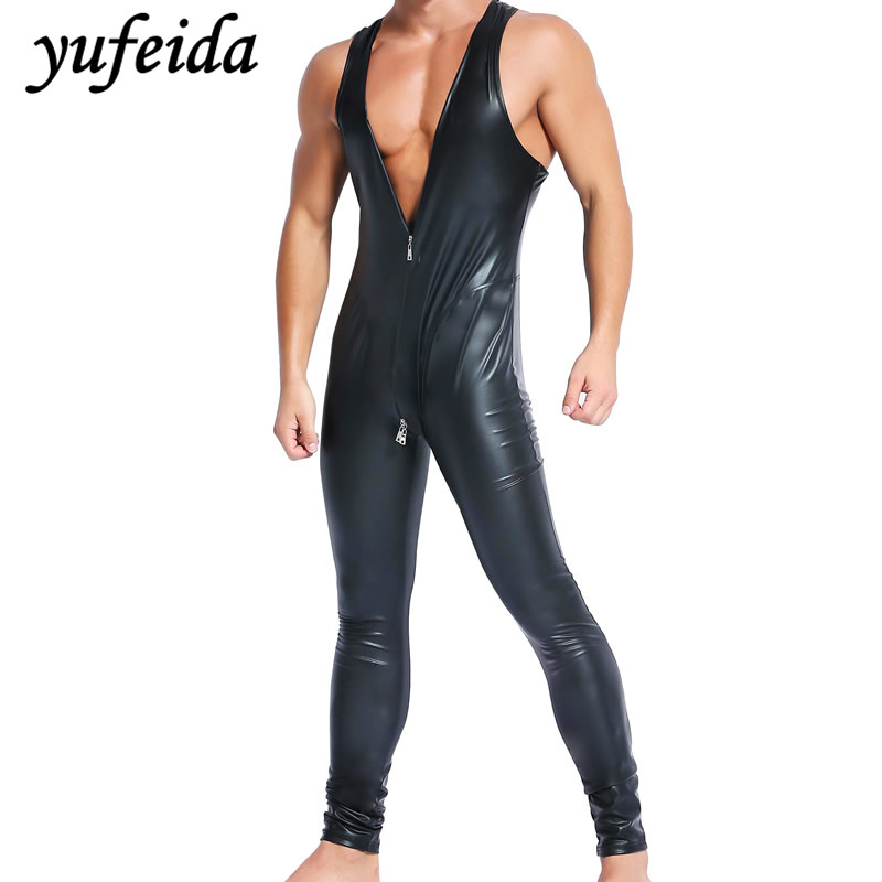 Mens Jumpsuit Romper Long Pants One Piece Bodysuit Black Faux Leather PU Wrestling Singlet Leotard Sleeveless Vest Underwear