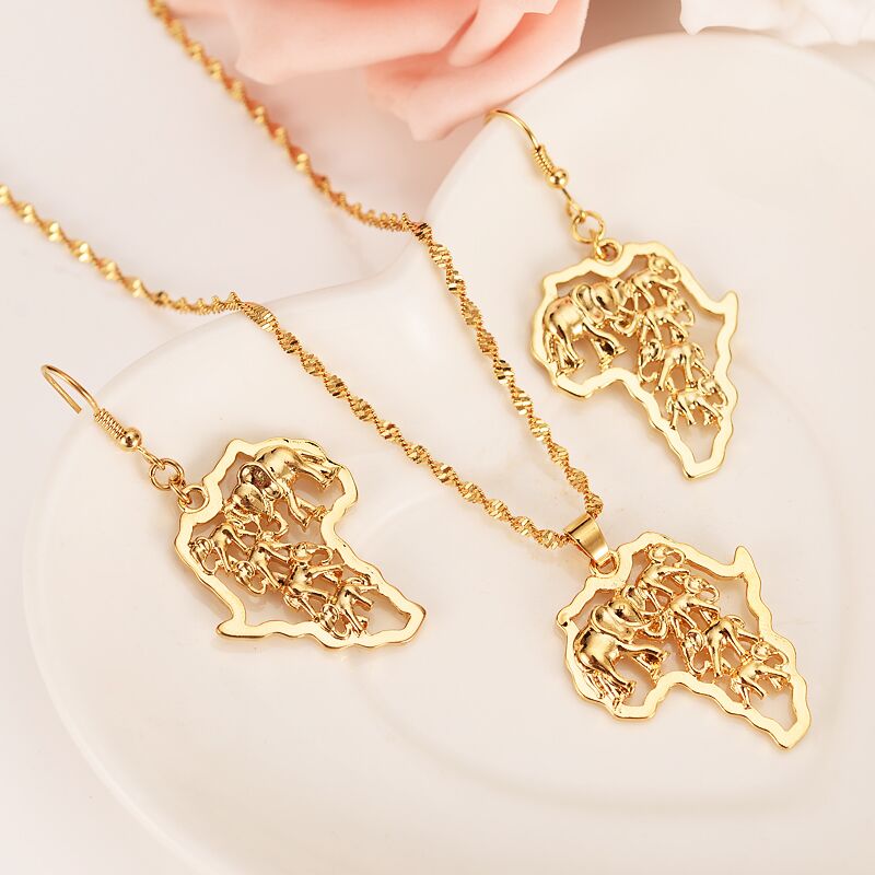 

Ethiopian Africa Map elephant Jewelry sets Fine Gold GF Jewelry Sets Statement Necklace Earrings Pendant African Wedding, Golden