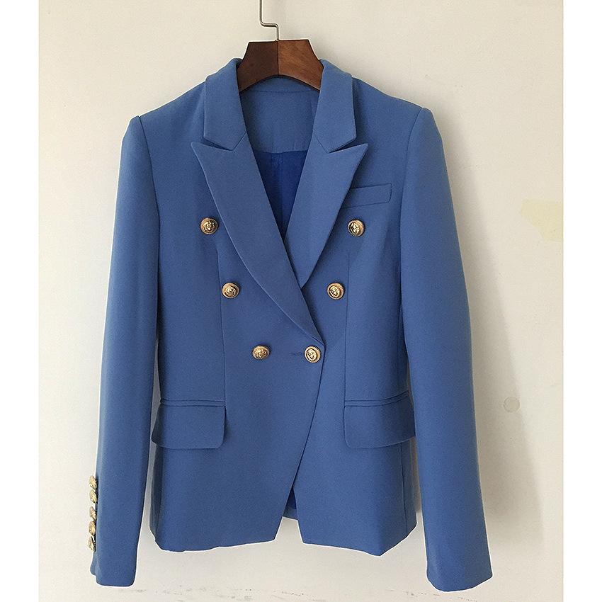 

New Style Top Quality Original Design Women's Double-Breasted Classic Blazer Blue Slim Jacket Metal Buckles Blazer suit collar Coat Outwear