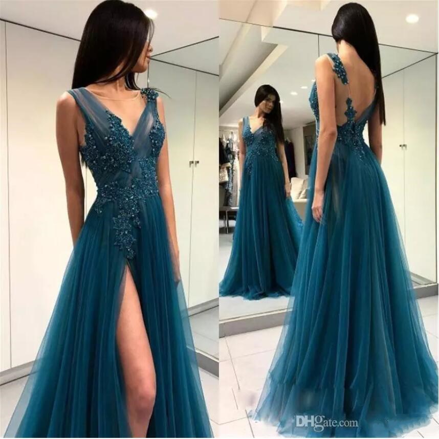 

Cheap Sexy Backless Evening Dresses Appliques Beads V Neck Side Split Homecoming Dresses Tulle Floor Length Formal Prom Dress, Ivory
