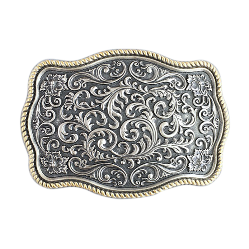 

Men Belt Buckle Double Color Plated Vintage Silver Southwest Carve Flower With Gold Edge, Slivery;black