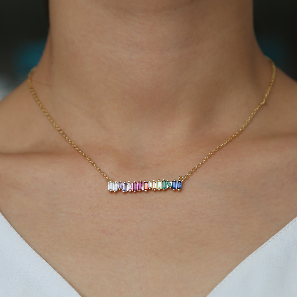 

2018 New trendy colorful rhinestone bar necklace pendents geometry rainbow cz choker necklaces women statement jewelry wholesale, Silver