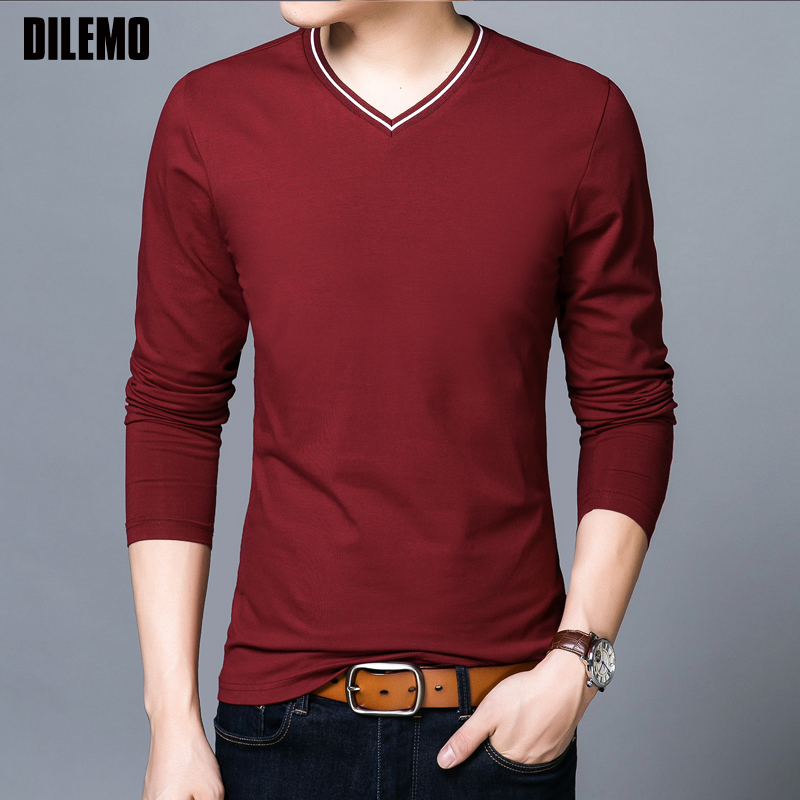 

2018 New Fashion Brand Tshirt Mens V Neck Cotton Tops Street Style Trends V Neck Solid Color Long Sleeve T-Shirt Men Clothing, Black