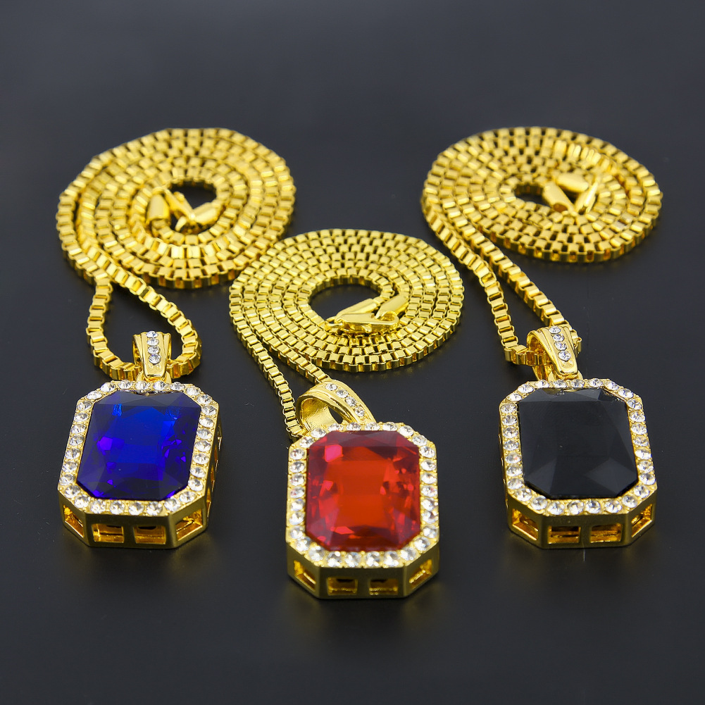 

Geometric ruby Necklace Bling Iced Out Red Ruby CZ Pendant Chain 18k Gold Square Red,Black,Blue RYBY Pendant 45''30 Chain Necklace