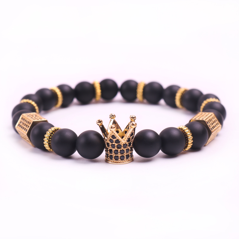 Shidu Micro Pave Black CZ Zirconia Gold Crown Charm Bracelet Hommes Polonais Polonais Matte Perles Bracelets pour hommes Femmes Cadeau