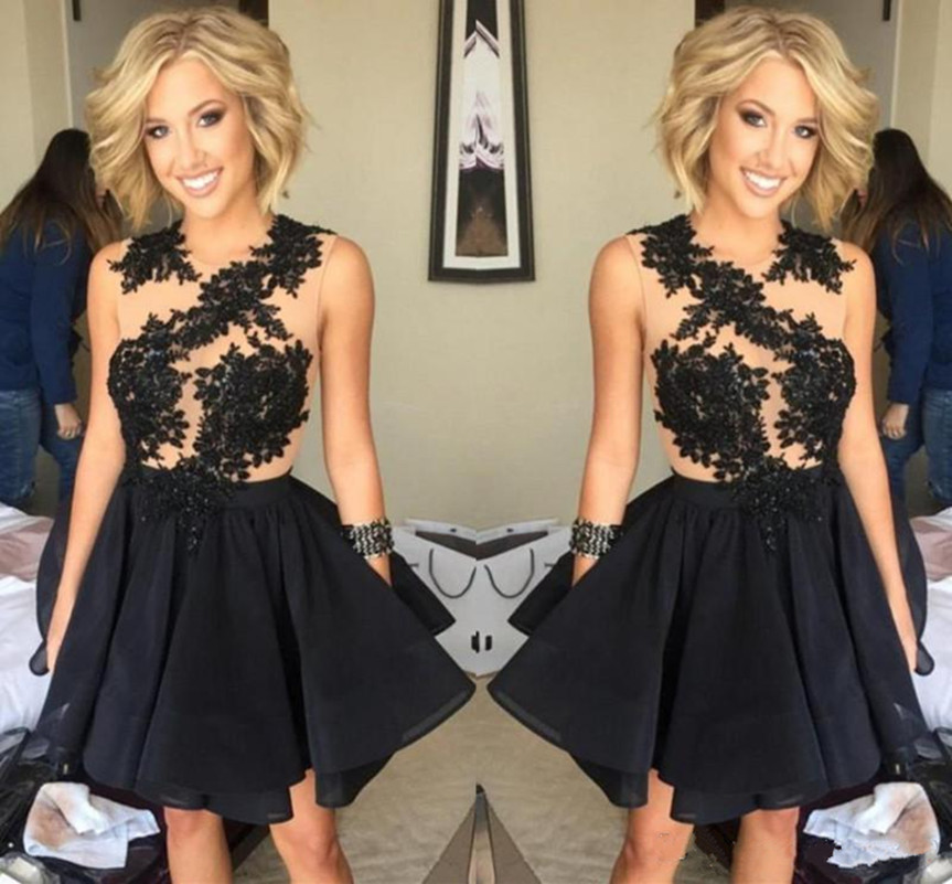 

Black Chiffon Mini Short Homecoming Dresses Sexy Illusion Jewel Applique Lace Cocktail Party Gowns Simple Cheap Prom Dress, Light purple