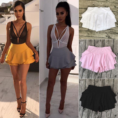 

Women Girl Summer High Waist Frill Ruffle Flared Pleated Short Mini Shorts Solid Pink Black White