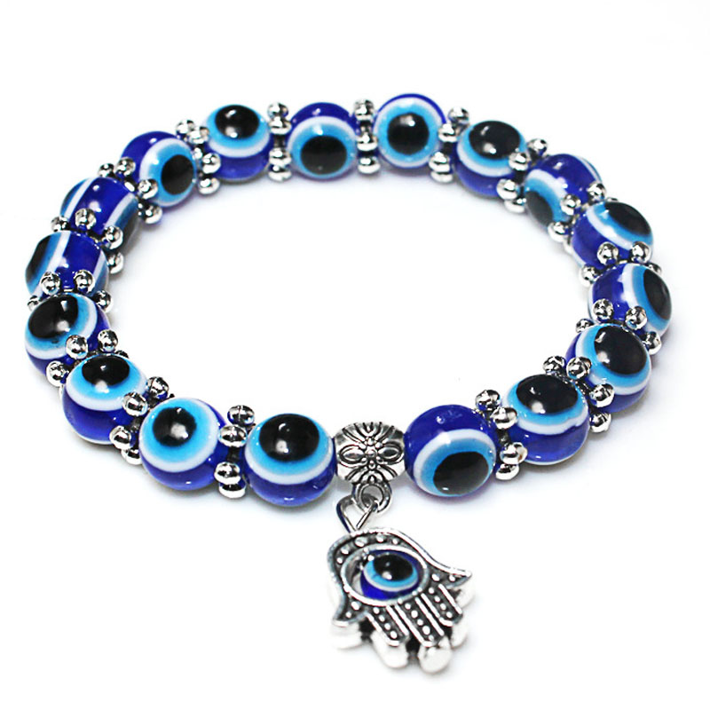 

1pc Fashion New Turkey Evil Eye Bracelet 8mm Blue Beads Snow Spacer Alloy Hamsa Hand Bracelet Bangle for Women Men, Black