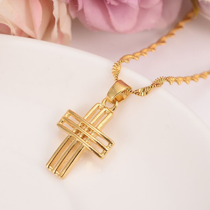 

Fashion three-dimensional line Necklace Earring Set Women Party Gift Yellow Gold Filled cross pendant Jewelry Sets, Golden