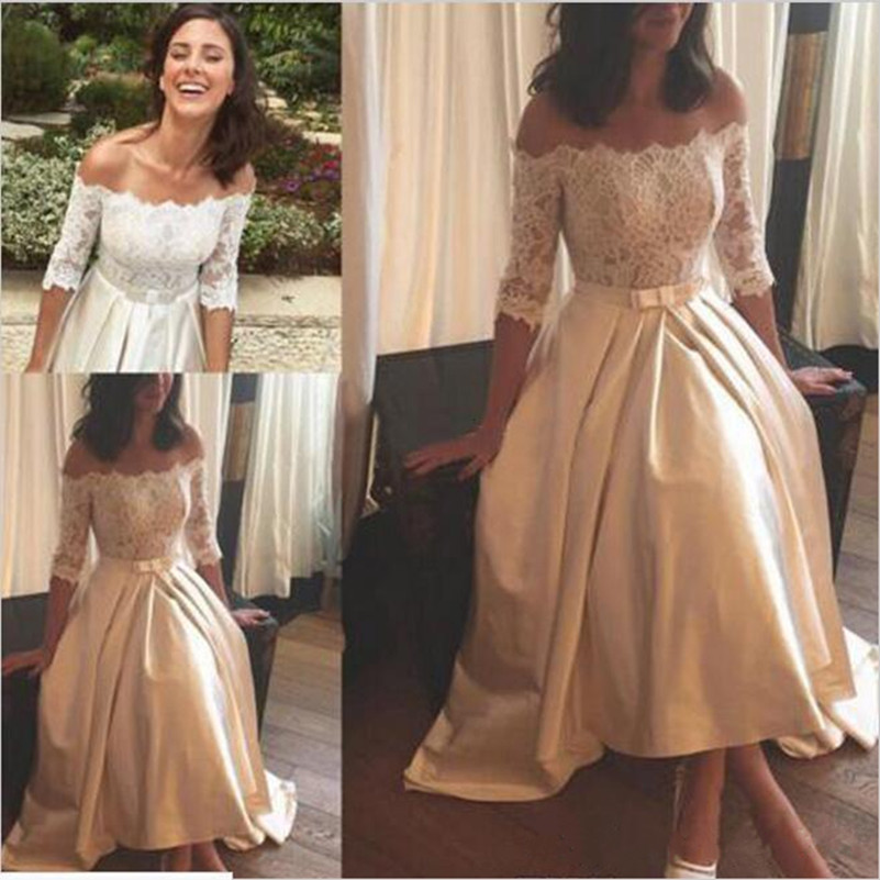 

Elegant half sleeve lace wedding dress short off-shoulder bow boho bridal gown, Ivory