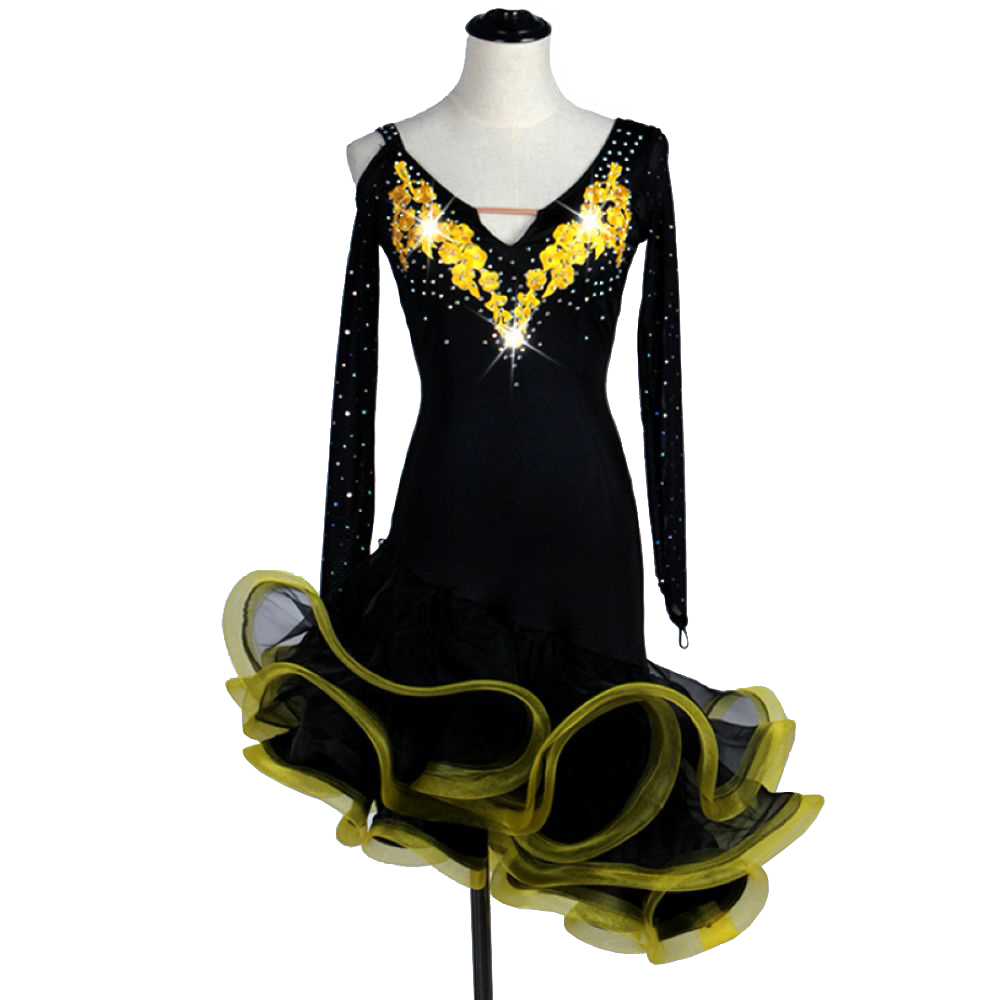 

Latin Dance Dress Costumes Women Salsa Tango Dress 4 Colors D007 with Bra Cup Underwear Rhinestones Fluffy Sheer Hem, Green