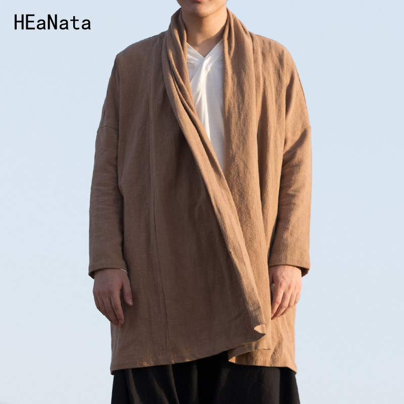 Men High Quality Cotton Linen Long Jacket China Style Kongfu Coat Male Loose Kimono Cardigan Overcoat Trench Coat Jacket