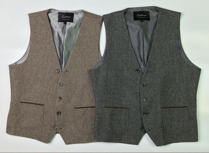 

2019 Farm Country Groom Vests For Wedding Party Brown Gray Vest Slim Fit Mens Vests Custom Made Wool Herringbone Tweed Groom Wear