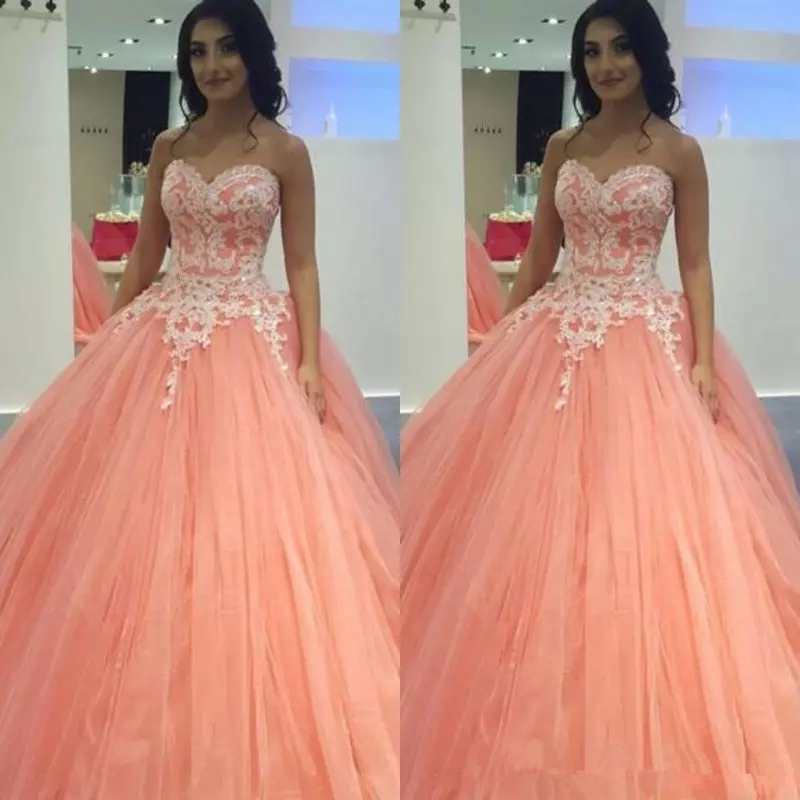 

2018 New Coral Quinceanera Dresses Ball Gown Prom Dress Sweet 16 Dresses Sweetheart Sleeveless Lace Appliques Sweet 16 Dress Q52, Pink