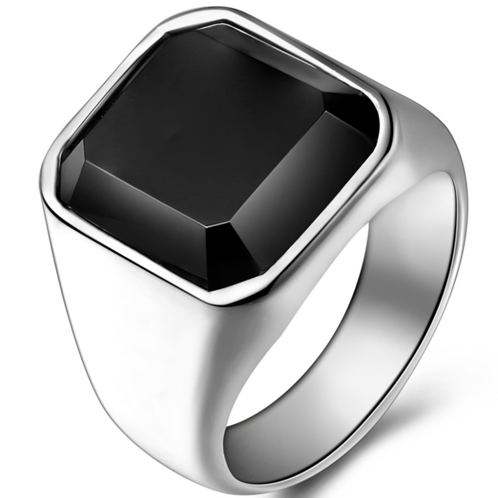 Size 7-14 Stainless Steel Black Onyx Signet Ring Classical Plain Husband Father Cocktail Party Wedding Anniversary